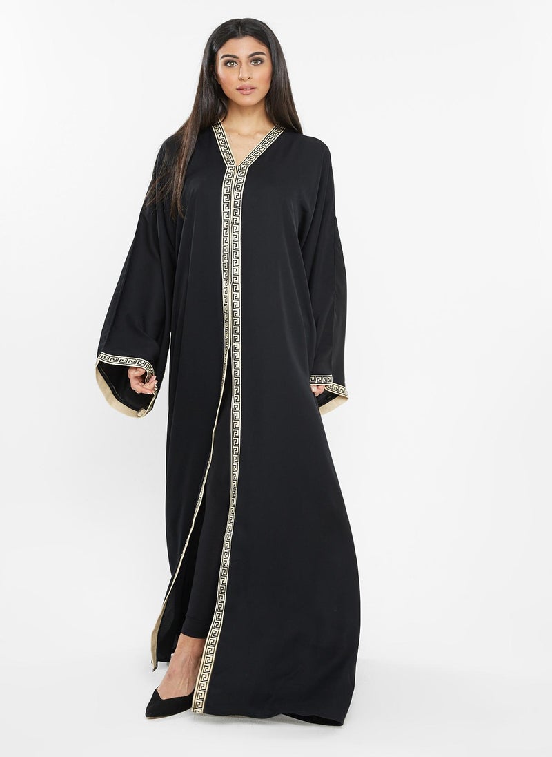 NUKHBAA - Black gold embroidery lace Abaya-AJ103A - Image 1