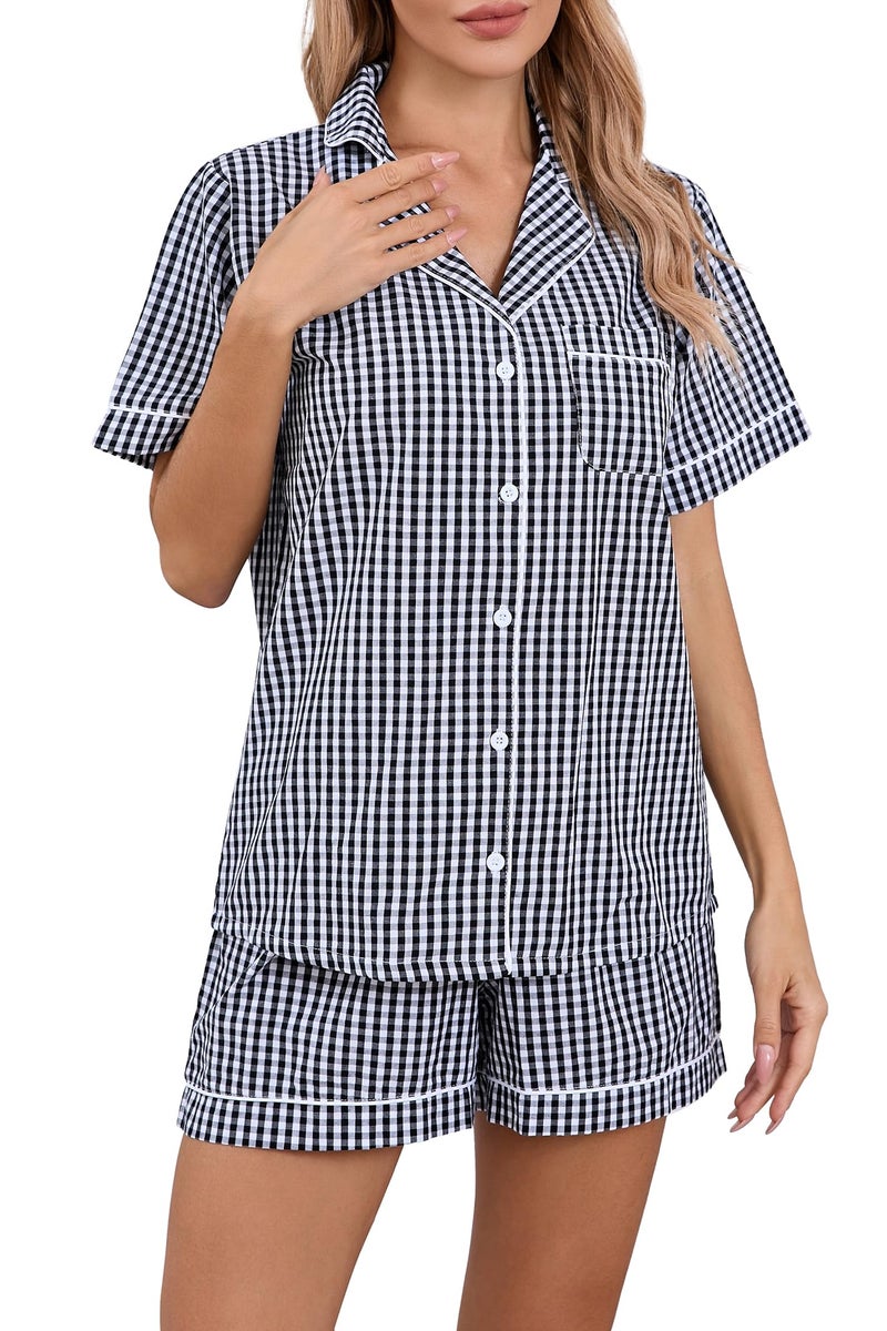 LUBOT 100% Cotton Women's Pajamas Set Button-Down Two-piece PJ Set Short Sleeve Printed Patterned Summer Sleepwear Loungewear (Black Mini Plaid, M) - Image 1