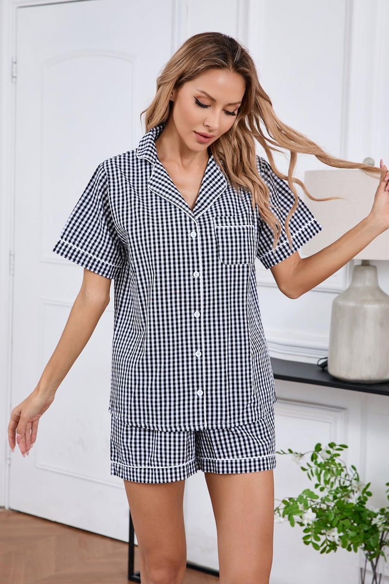 LUBOT 100% Cotton Women's Pajamas Set Button-Down Two-piece PJ Set Short Sleeve Printed Patterned Summer Sleepwear Loungewear (Black Mini Plaid, M) - Image 2