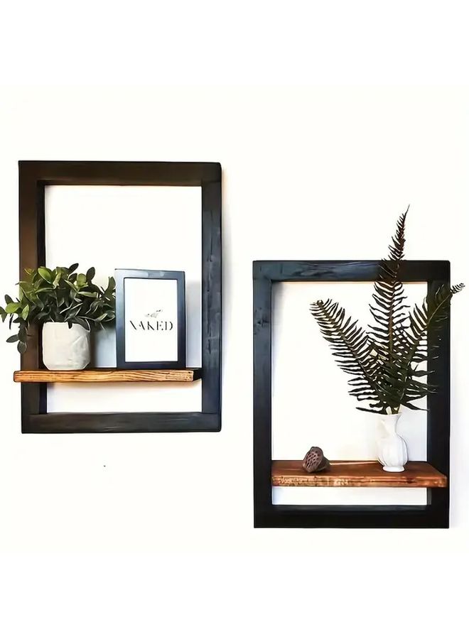 Set Of 2 Vintage Brown Wooden Wall Shelves Square Display Shelves For Photos Candles Flowers Albums And Potted Plants Perfect For Living Room Office Decoration - Image 3