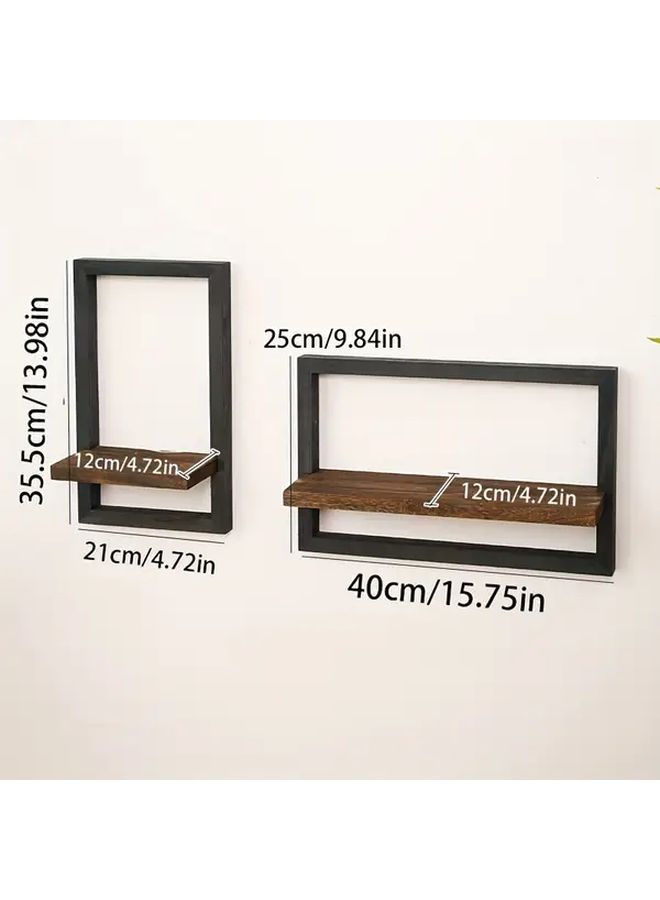 Set Of 2 Vintage Brown Wooden Wall Shelves Square Display Shelves For Photos Candles Flowers Albums And Potted Plants Perfect For Living Room Office Decoration - Image 2
