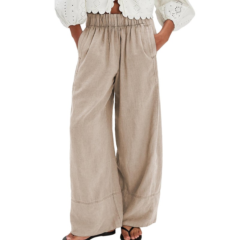 Songling Wide Leg Linen Pants for Women Summer Cotton Casual Palazzo Pant Boho Flowy Beach Pants with Pockets(Khaki,S) - Image 1