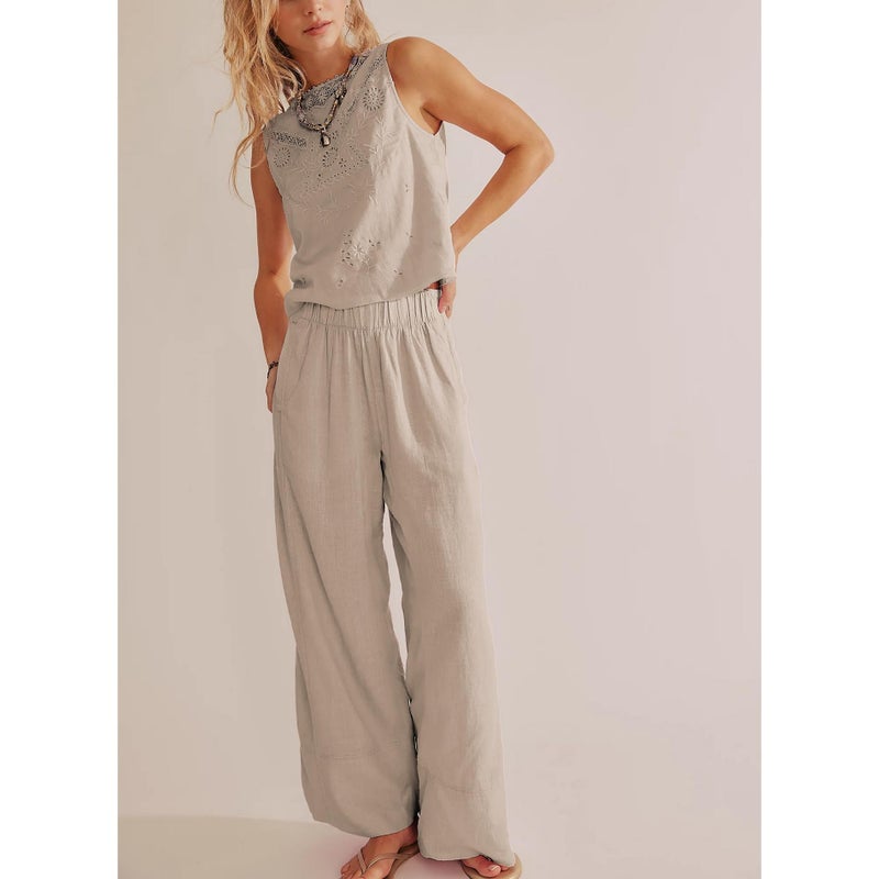 Songling Wide Leg Linen Pants for Women Summer Cotton Casual Palazzo Pant Boho Flowy Beach Pants with Pockets(Khaki,S) - Image 5