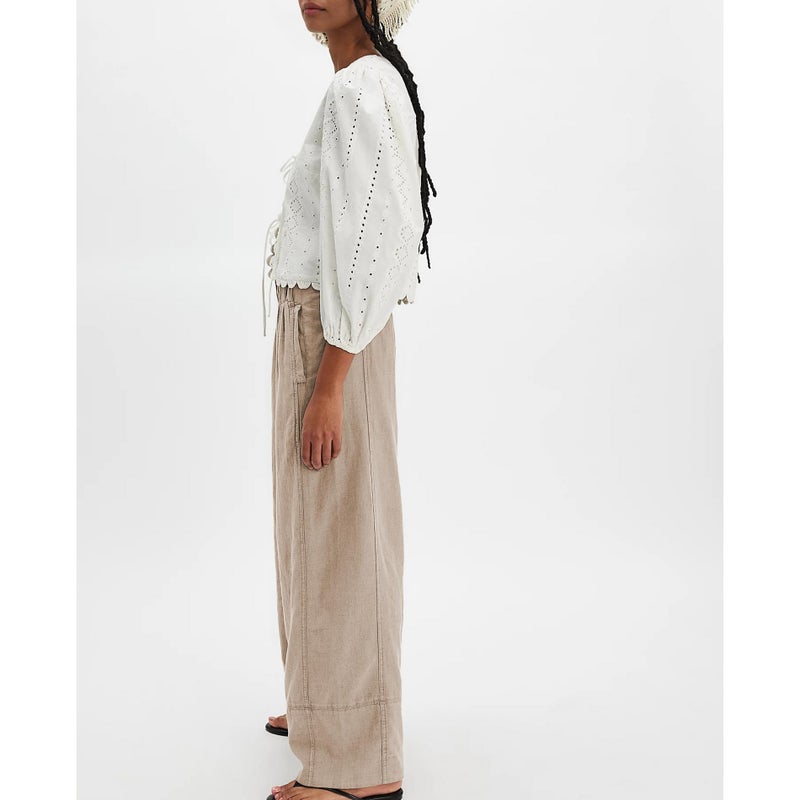 Songling Wide Leg Linen Pants for Women Summer Cotton Casual Palazzo Pant Boho Flowy Beach Pants with Pockets(Khaki,S) - Image 3