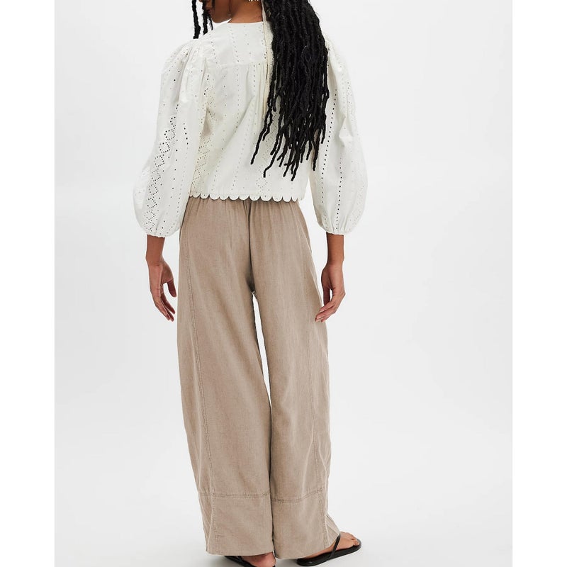 Songling Wide Leg Linen Pants for Women Summer Cotton Casual Palazzo Pant Boho Flowy Beach Pants with Pockets(Khaki,S) - Image 4