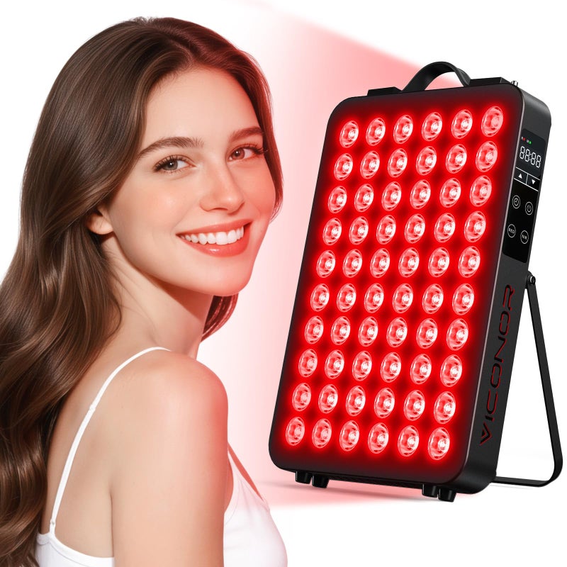 Viconor علاج الضوء الأحمر للجسم، 660 نانومتر 850 نانومتر لوحة علاج الضوء تحت الأحمر، جهاز LED مزدوج الشريحة 60 مع 300 واط من الطاقة، مثالي للجسم، الوجه، تحسين النوم، صحة الجلد، يتضمن مجموعة تعليق ومقبض - Image 1