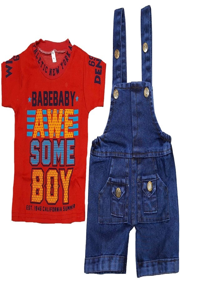 little PANDA Baby Boys & Baby Girls Denim Dungaree & T-Shirt Clothing Set, Red, 0-6 Months - Image 3
