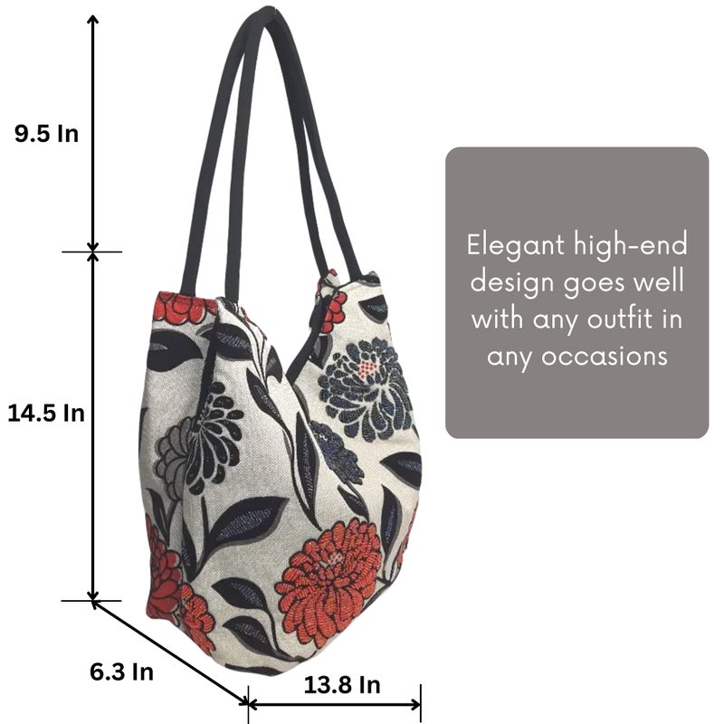 HCRAFT Embroidered Women's Handbag with Flowers, Beads & Zipper - Mother's Day Shoulder Bag, 13.8x6.3x14.5 Fabric Hobo with Inner Pocket - Image 3
