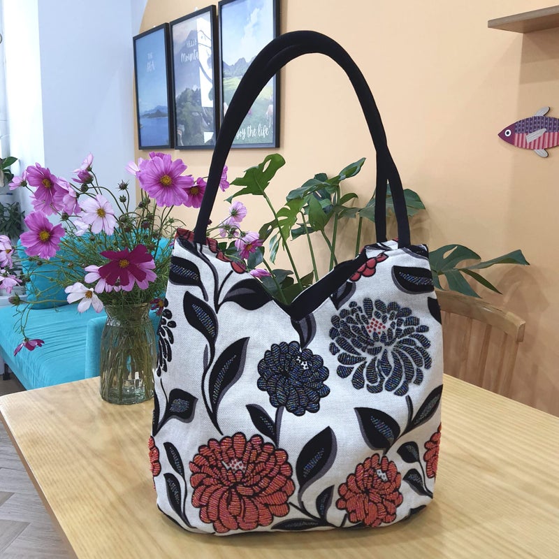 HCRAFT Embroidered Women's Handbag with Flowers, Beads & Zipper - Mother's Day Shoulder Bag, 13.8x6.3x14.5 Fabric Hobo with Inner Pocket - Image 2