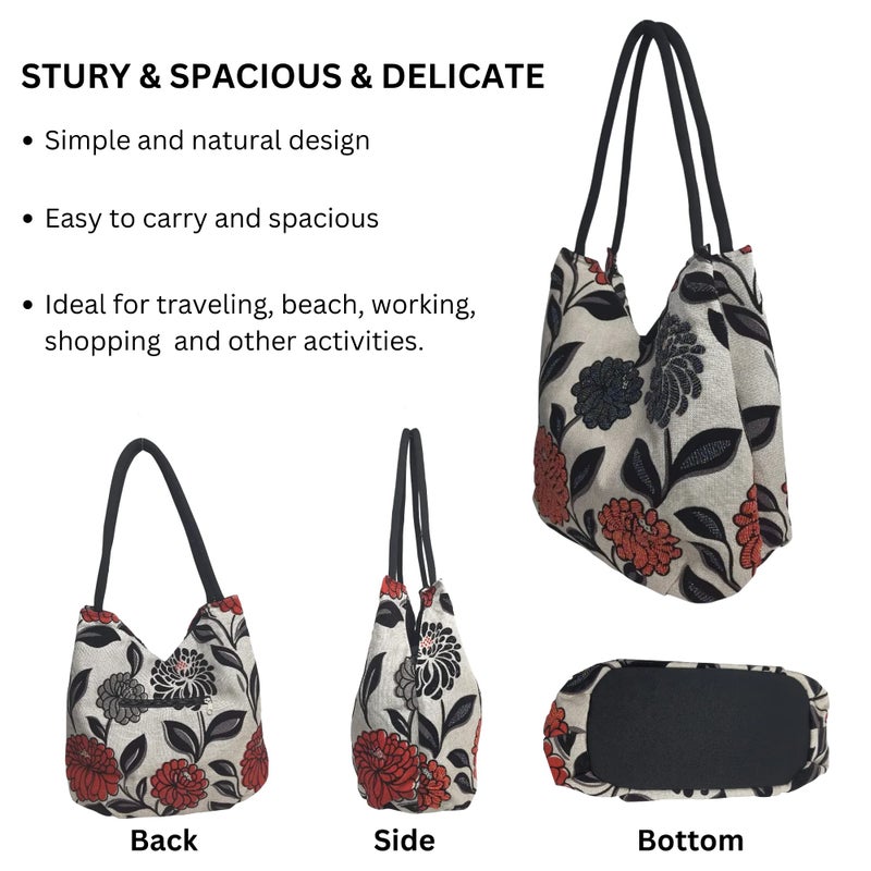 HCRAFT Embroidered Women's Handbag with Flowers, Beads & Zipper - Mother's Day Shoulder Bag, 13.8x6.3x14.5 Fabric Hobo with Inner Pocket - Image 5