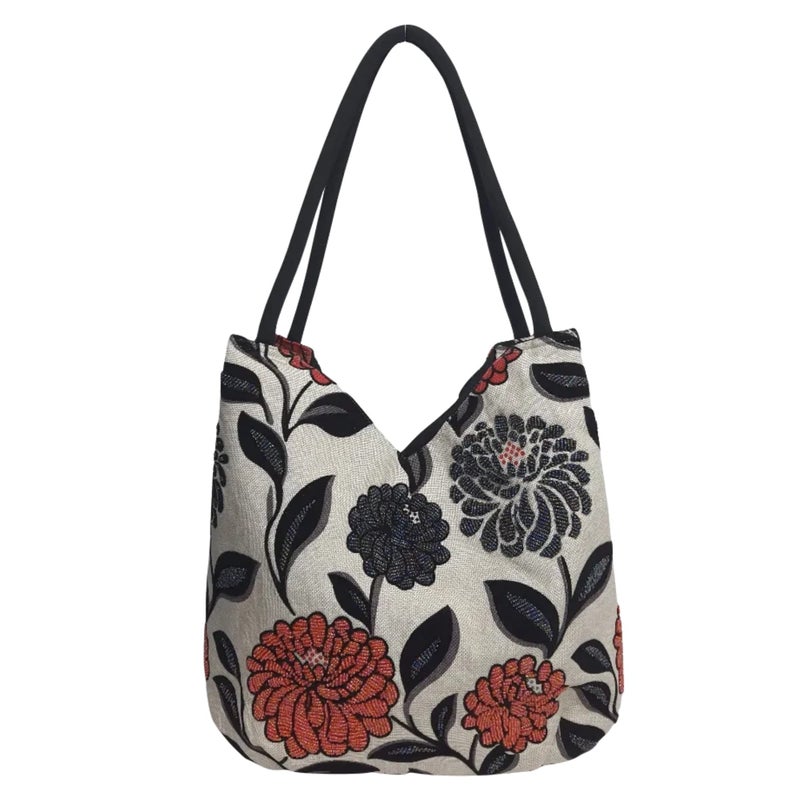 HCRAFT Embroidered Women's Handbag with Flowers, Beads & Zipper - Mother's Day Shoulder Bag, 13.8x6.3x14.5 Fabric Hobo with Inner Pocket - Image 1