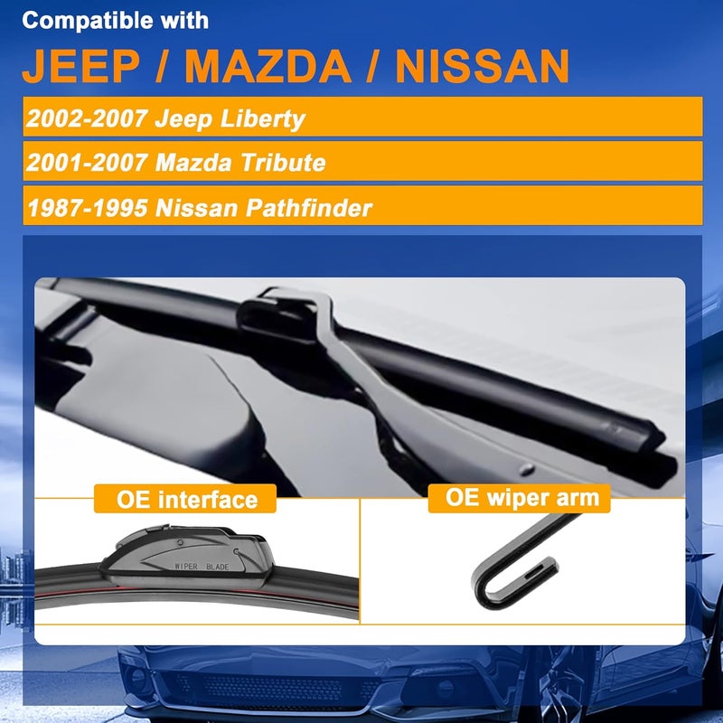 Raintok Windshield Wiper Blade Set Replacement for 2002-2007 Jeep Liberty/2001-2007 Mazda Tribute/1987-1995 Nissan Pathfinder and Rear Windshield Wiper Blade-19"/19"/10" (Set of 3) U/J Hook - Image 2