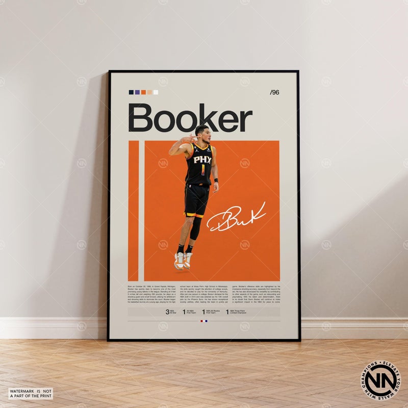 TNESSENTIAL Devin Booker Poster, Phoenix Suns Poster, NBA Poster, Sports Poster, Mid Century Modern, NBA Fans, Basketball Gift, Sports Bedroom Posters - Image 1