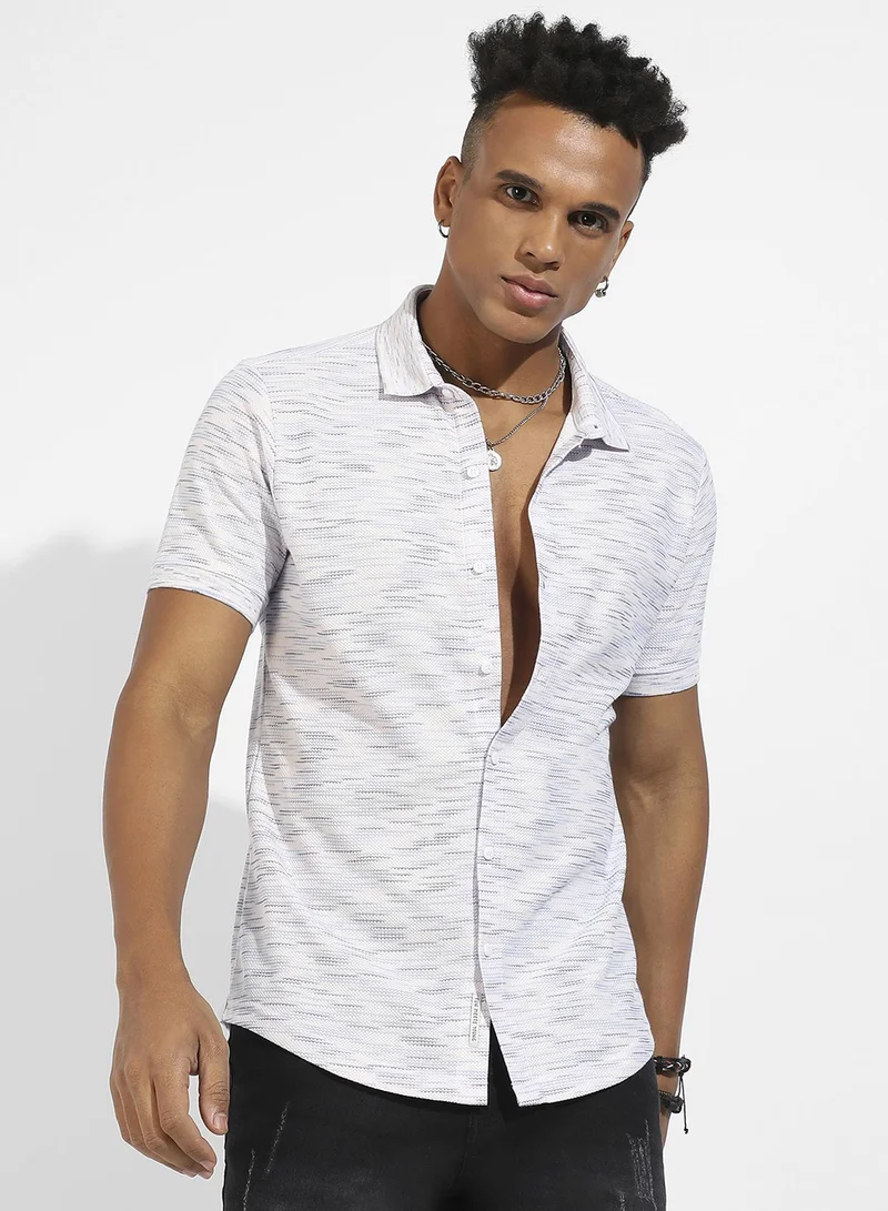 Campus Sutra Men's White Honeycomb Knit Shirt