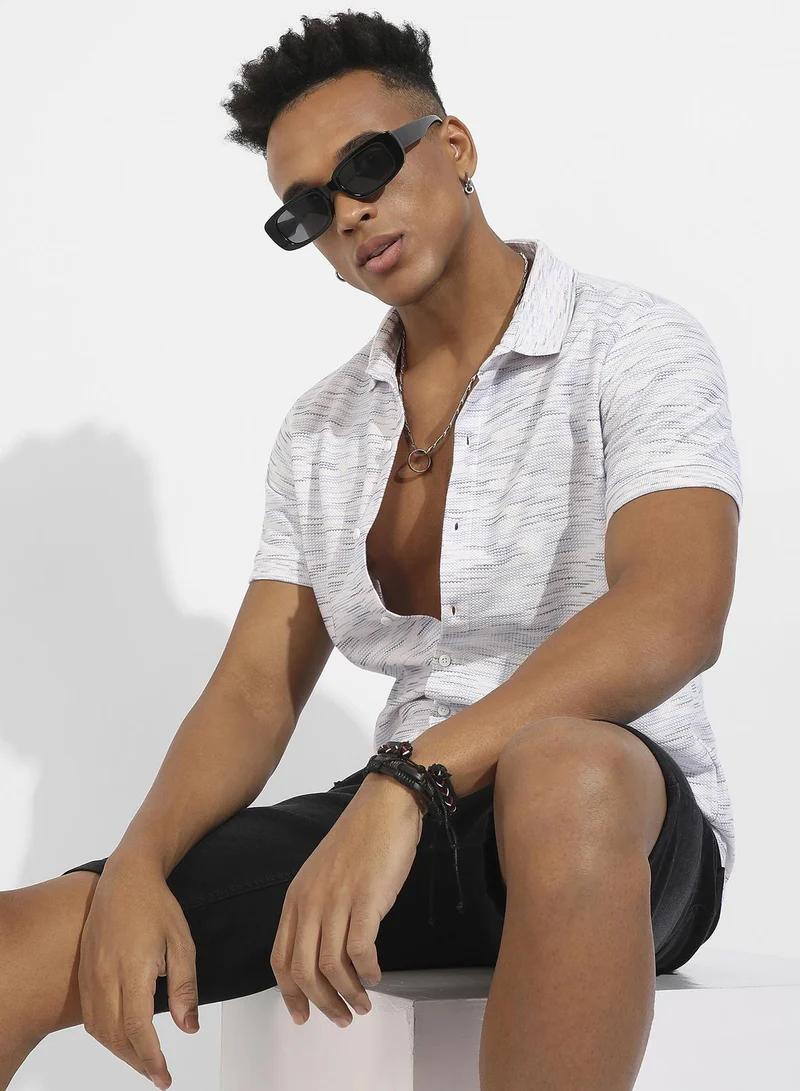 Campus Sutra Men's White Honeycomb Knit Shirt
