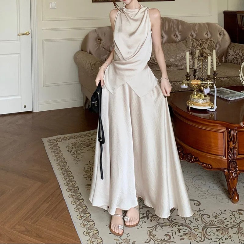 French Style Elegant Design Sense Irregular Satin Sleeveless Top Half Dress Womens 2025 Summer New Two-piece Set Off-white sleeveless top + skirt suit