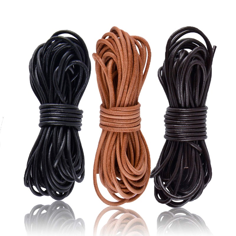SOSMAR 3 Rolls 5M X 2MM Cowhide Round Leather Cords Rope String for Bracelet Necklace Jewelry Making Lanyards DIY Crafts Black Dark Brown Natural Brown Top Grain Leather Cord