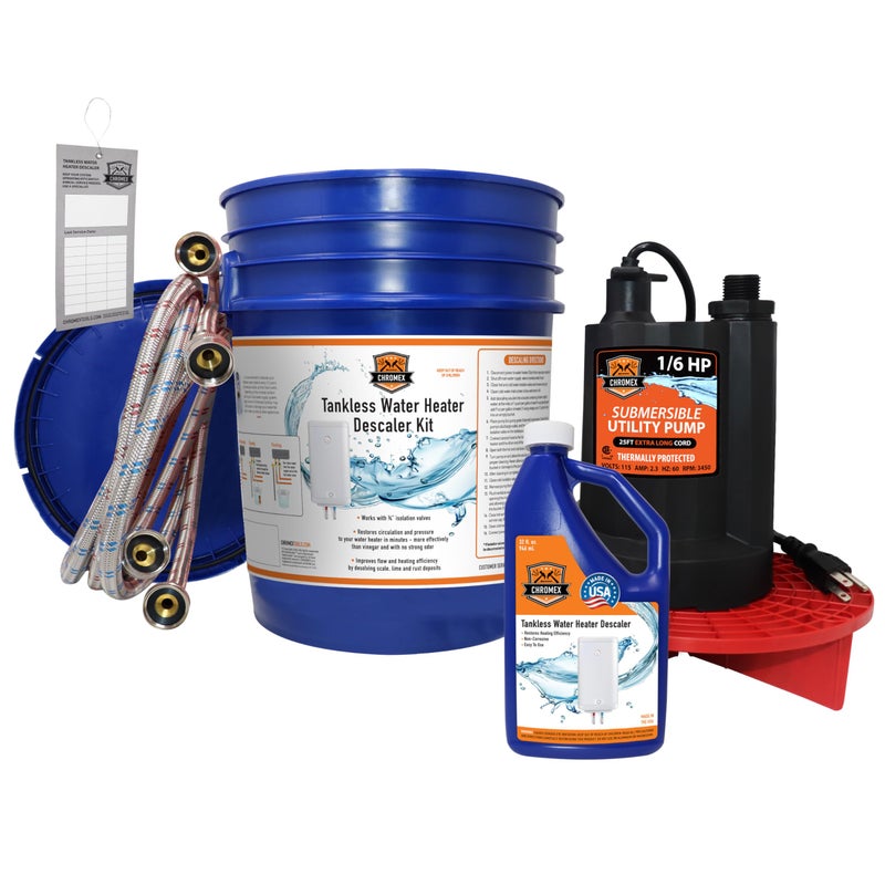 Chromex Tankless Water Heater Flush Kit with Certified Liquid Descaling Solution and 1/6HP Extra Strength Pump - Image 1