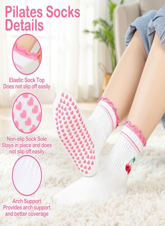 Xinjoduz جوارب زينجودوز اللاصقة للنساء، زوجان، جوارب مانعة للانزلاق لطيفة مناسبة لتمارين البيلاتس واليوغا، جوارب قطنية مكشكشة، جوارب طويلة مانعة للانزلاق مناسبة لتمارين البار، مقاس 5-10 بوصة (كرز، قلب) - Image 2