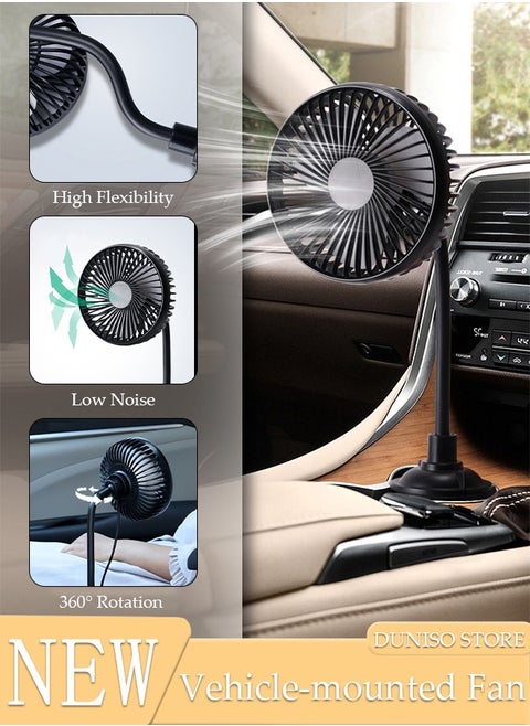 Cup Holder Car Fan, USB Powered Fan, 360° Rotation Car Cooling Fan with Flexible Gooseneck, Portable Vehicle Fan, Adjustable Base for Van Truck SUV RV Sedan