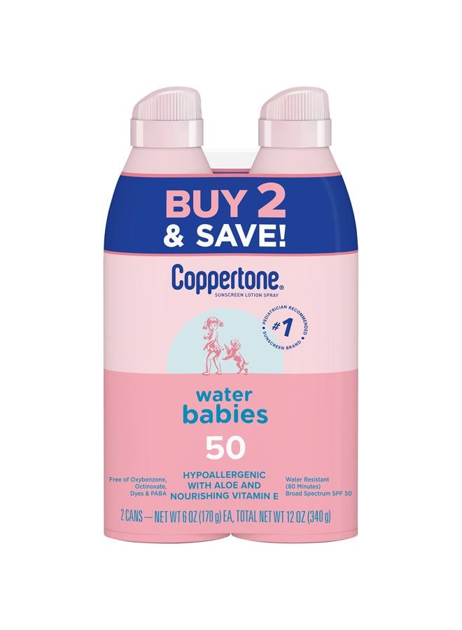 Coppertone لوسيون بخاخ واقي من الشمس WaterBABIES سريع التغطية طيف واسع SPF 50، عبوة مزدوجة (6 أونصات سائلة لكل زجاجة) - Image 1