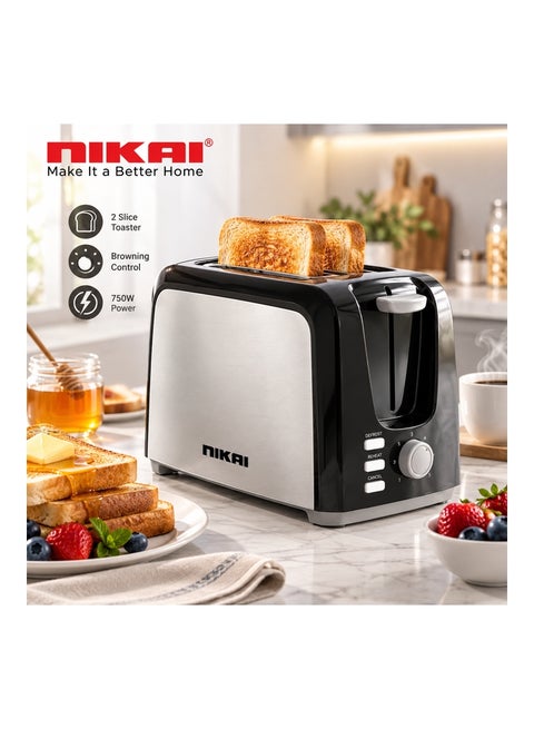 NIKAI 2-Slice Electric Bread Toaster | 750W Stainless Steel Pop-Up Toaster with Self-Centering Slots, Adjustable Browning Control, Defrost, Reheat & Cancel Functions, Removable Crumb Tray, Compact Breakfast Toaster | Black & Silver - NBT555S1 750 W NBT555S1 Black