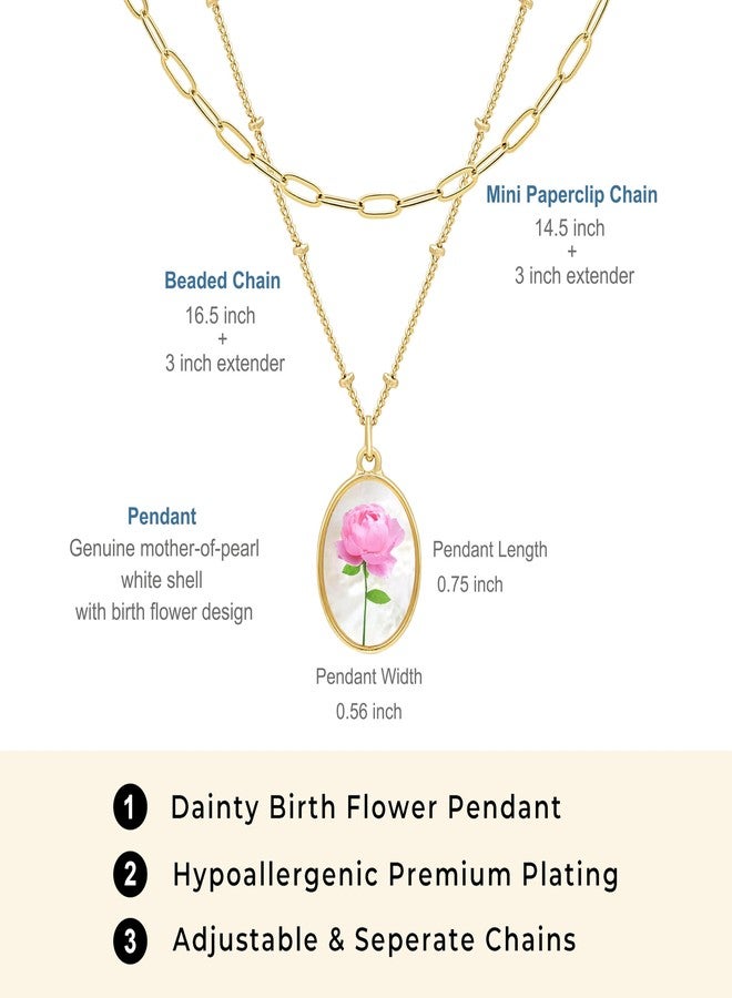 BONALUNA Birth Flower 14K Gold Necklace - 2 Layered & Seperate Chains with Dainty White Shell Pendant, Featuring Birth Month Real Flower Motif, Perfect Jewelry for Birthday Gifts - Image 3