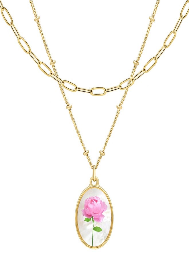 BONALUNA Birth Flower 14K Gold Necklace - 2 Layered & Seperate Chains with Dainty White Shell Pendant, Featuring Birth Month Real Flower Motif, Perfect Jewelry for Birthday Gifts - Image 1