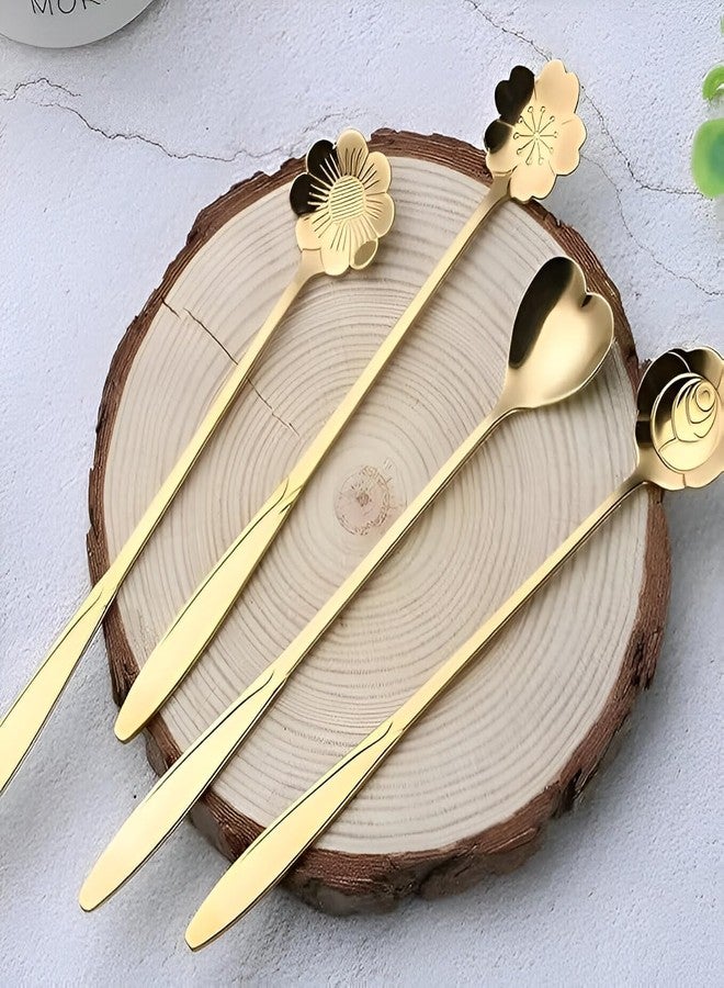 Onward Flower Dessert Spoon Set 8 Golden Elegant & Durable Table Spoon Stainless Steel for Dining, Kitchen Tea Coffee 4 Styles Spoon Cutlery for Home, Restaurant & Hotel Use (8) - Image 4