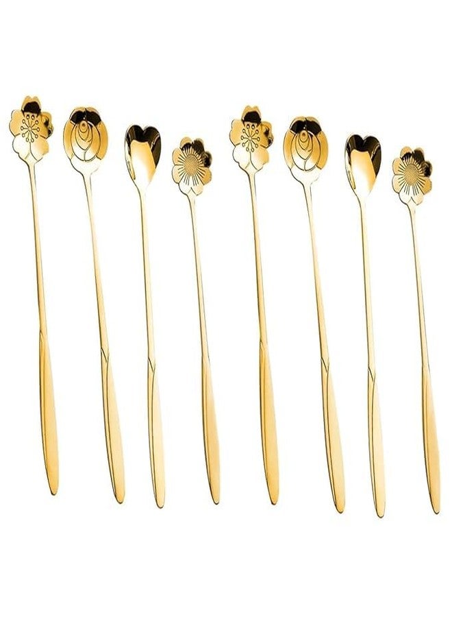 Onward Flower Dessert Spoon Set 8 Golden Elegant & Durable Table Spoon Stainless Steel for Dining, Kitchen Tea Coffee 4 Styles Spoon Cutlery for Home, Restaurant & Hotel Use (8) - Image 1