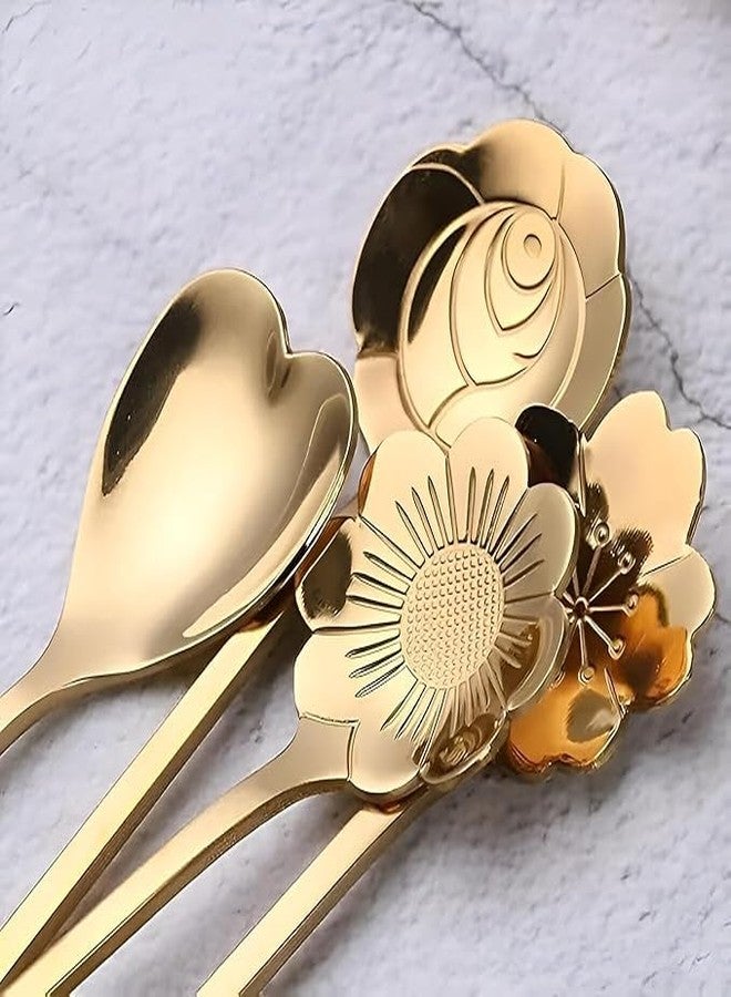 Onward Flower Dessert Spoon Set 8 Golden Elegant & Durable Table Spoon Stainless Steel for Dining, Kitchen Tea Coffee 4 Styles Spoon Cutlery for Home, Restaurant & Hotel Use (8) - Image 3