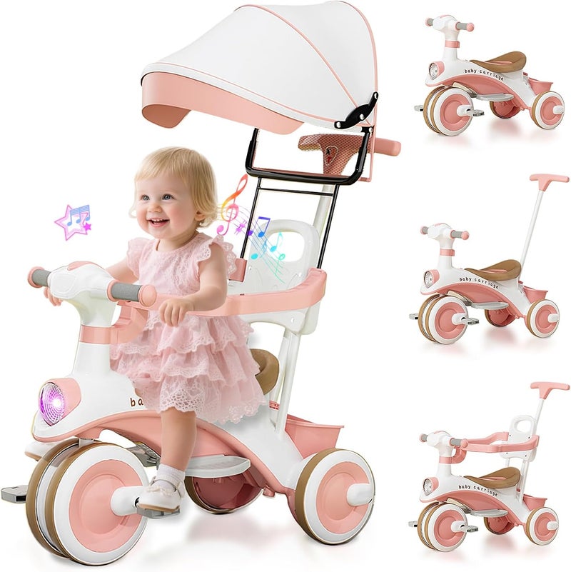 Favarey 4 in 1 Kids Tricycles, Children Pedal Tricycle with Push Handle, Adjustable Push Handle, Music, Lamplight, Portable，Storage Basket and Safe Design for Boys and Girls 1-6 Year Old - Image 1
