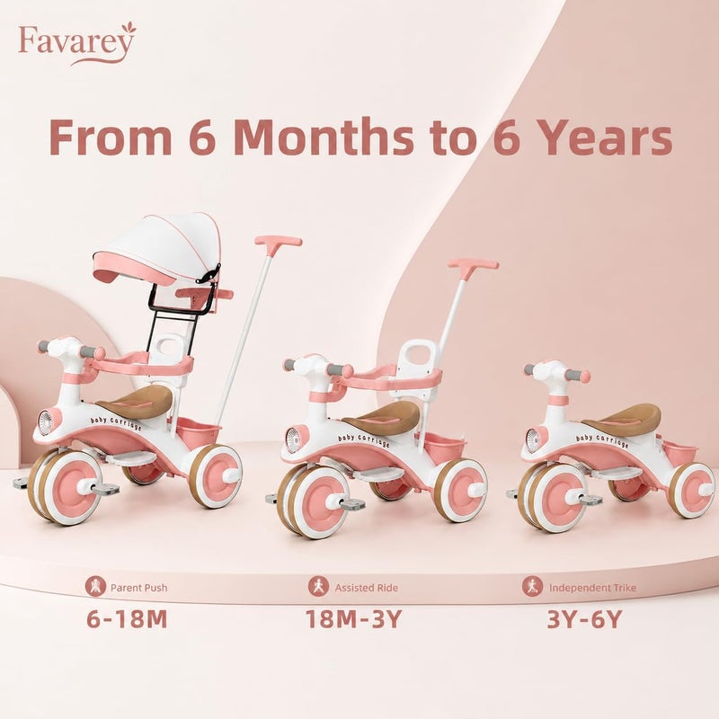 Favarey 4 in 1 Kids Tricycles, Children Pedal Tricycle with Push Handle, Adjustable Push Handle, Music, Lamplight, Portable，Storage Basket and Safe Design for Boys and Girls 1-6 Year Old - Image 3