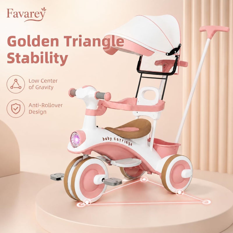 Favarey 4 in 1 Kids Tricycles, Children Pedal Tricycle with Push Handle, Adjustable Push Handle, Music, Lamplight, Portable，Storage Basket and Safe Design for Boys and Girls 1-6 Year Old - Image 4
