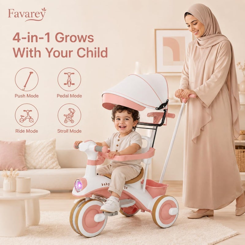 Favarey 4 in 1 Kids Tricycles, Children Pedal Tricycle with Push Handle, Adjustable Push Handle, Music, Lamplight, Portable，Storage Basket and Safe Design for Boys and Girls 1-6 Year Old - Image 2