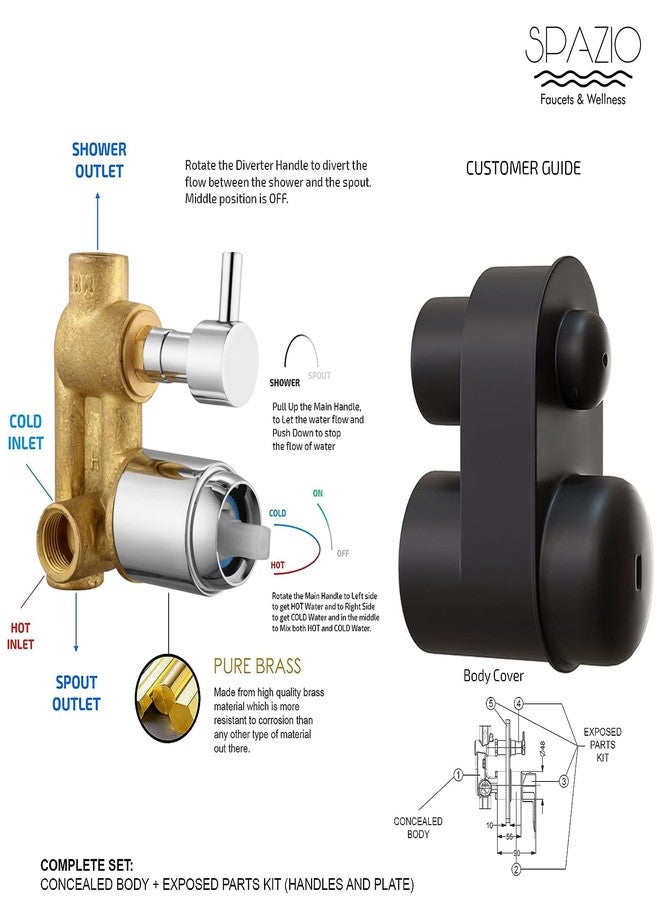 Spazio Opal Brass Single Lever 4 Way / 2 Inlet Concealed Body High Flow Diverter With Exposed Parts Kit Complete Set, Chrome Finish, For Bathroom/Bath & Shower System Diverter Faucet - Image 3