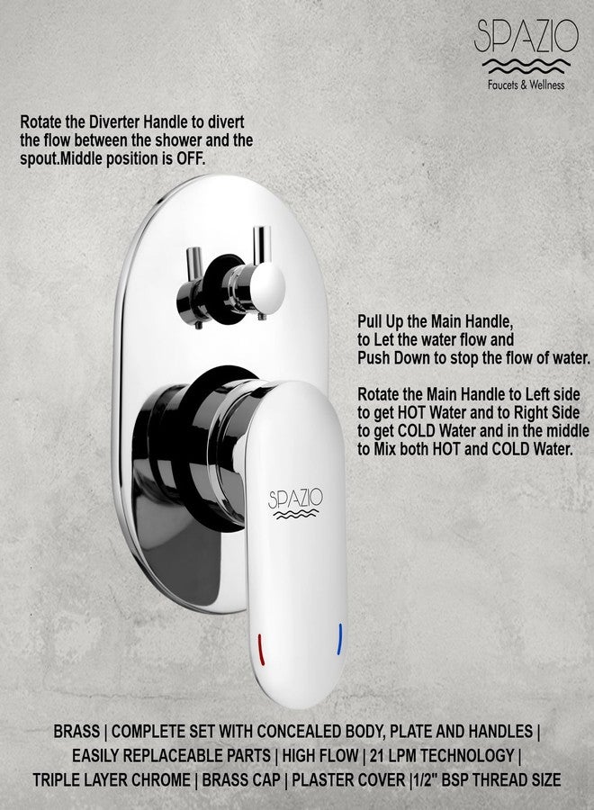 Spazio Opal Brass Single Lever 4 Way / 2 Inlet Concealed Body High Flow Diverter With Exposed Parts Kit Complete Set, Chrome Finish, For Bathroom/Bath & Shower System Diverter Faucet - Image 5