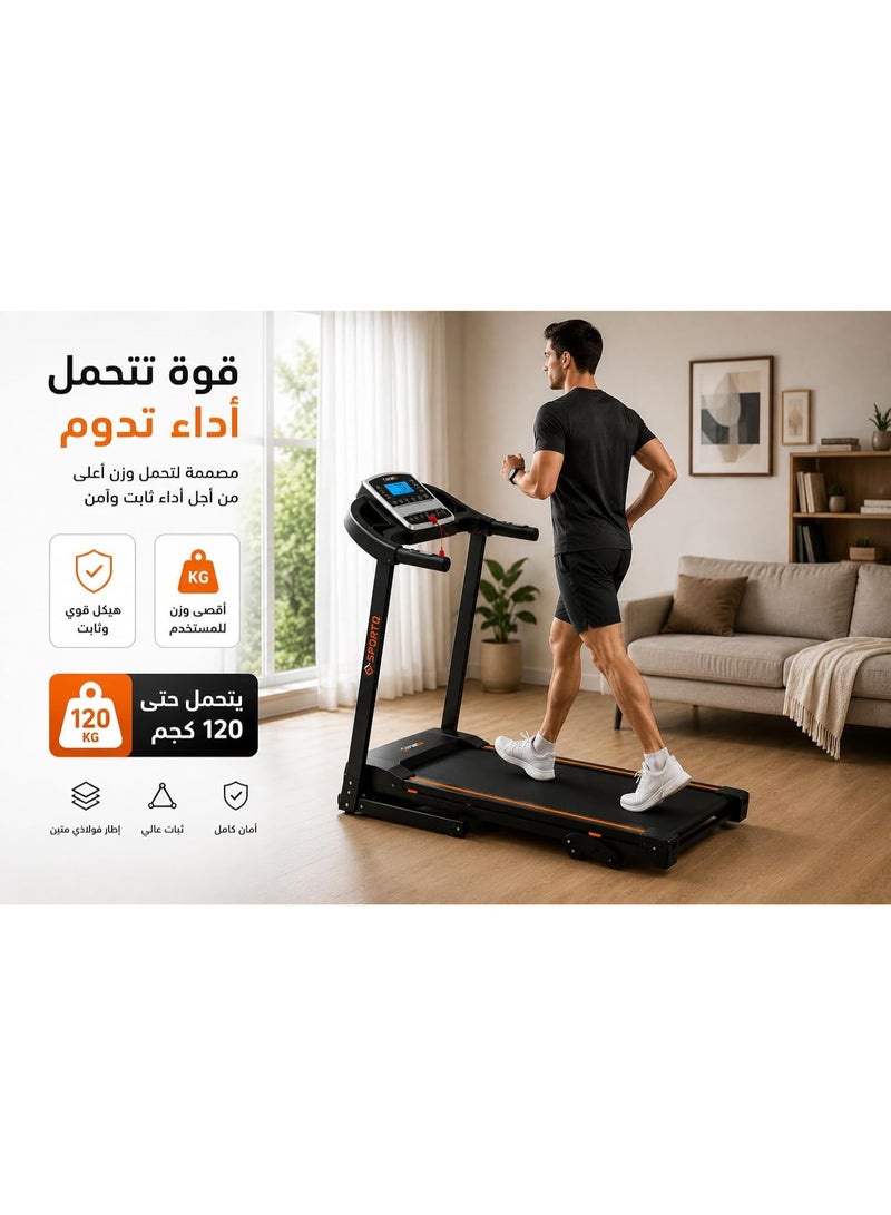 SportQ Foldable home treadmill, supports up to 120 kg, features a multi-function LCD screen, shock absorption system, and wheels for easy transport and storage. - Image 4