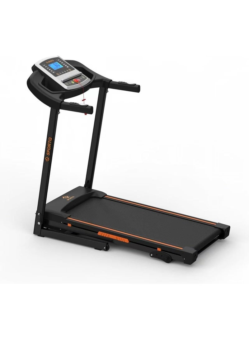 SportQ Foldable home treadmill, supports up to 120 kg, features a multi-function LCD screen, shock absorption system, and wheels for easy transport and storage. - Image 1