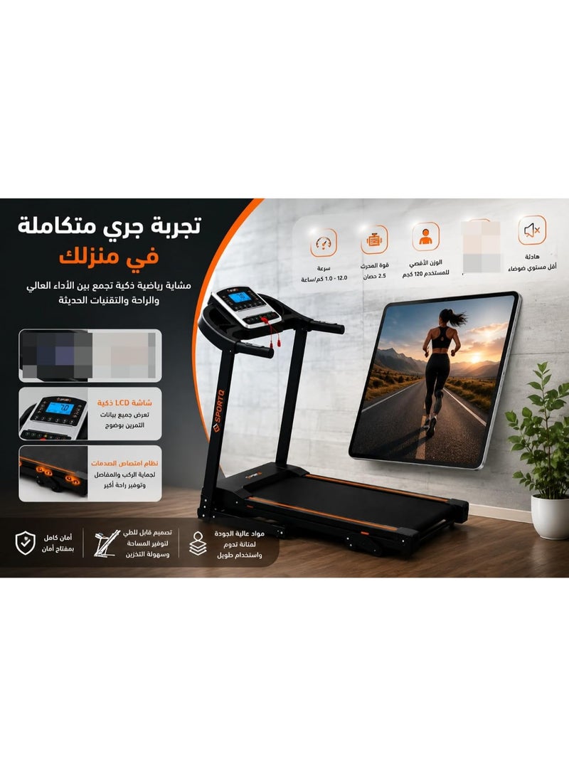 SportQ Foldable home treadmill, supports up to 120 kg, features a multi-function LCD screen, shock absorption system, and wheels for easy transport and storage. - Image 2