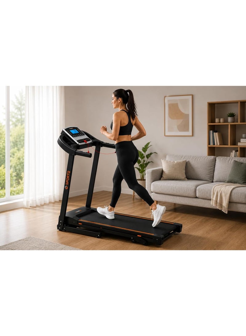 SportQ Foldable home treadmill, supports up to 120 kg, features a multi-function LCD screen, shock absorption system, and wheels for easy transport and storage. - Image 5