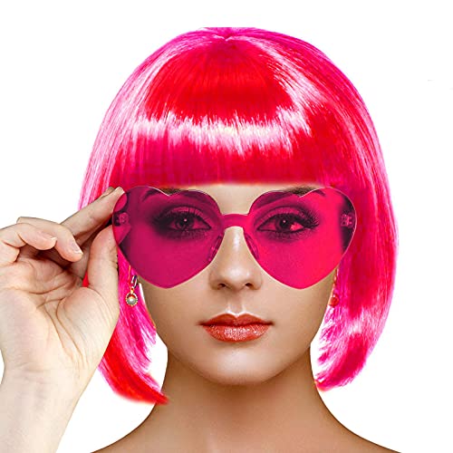 LIULIUBTY Short Bob Colored Wigs with Bangs,6 Pcs Fruit Beach Series Set Cosplay Wig with Rimless Heart Shape Sunglasses, Hairpieces for Neon Halloween Costume Wig Bachelorette Party Decorations (6 Pack Afro) - Image 3