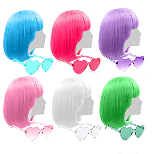 LIULIUBTY Short Bob Colored Wigs with Bangs,6 Pcs Fruit Beach Series Set Cosplay Wig with Rimless Heart Shape Sunglasses, Hairpieces for Neon Halloween Costume Wig Bachelorette Party Decorations (6 Pack Afro) - Image 1