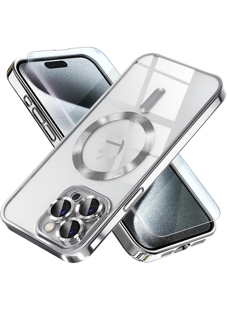 Theodor Magnetic Case for iPhone 15 Pro Max with MagSafe Drop Protection Full Camera Lens Protector Plating Soft Clear Phone Case 6.7 inch - Silver - Image 1