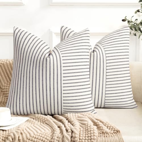 YCOLL Farmhouse Pillow Covers 18x18, Modern Accent Square Throw Pillow Covers Set of 2, Navy and Beige Striped Patchwork Linen Decorative Pillows Cushion Covers for Couch Chair Bedroom Fall Decorations - Image 1