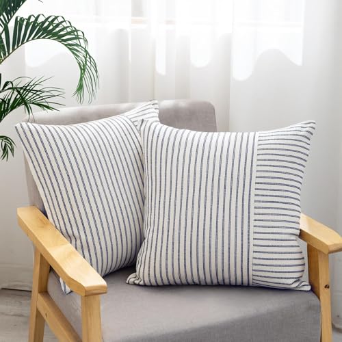 YCOLL Farmhouse Pillow Covers 18x18, Modern Accent Square Throw Pillow Covers Set of 2, Navy and Beige Striped Patchwork Linen Decorative Pillows Cushion Covers for Couch Chair Bedroom Fall Decorations - Image 2