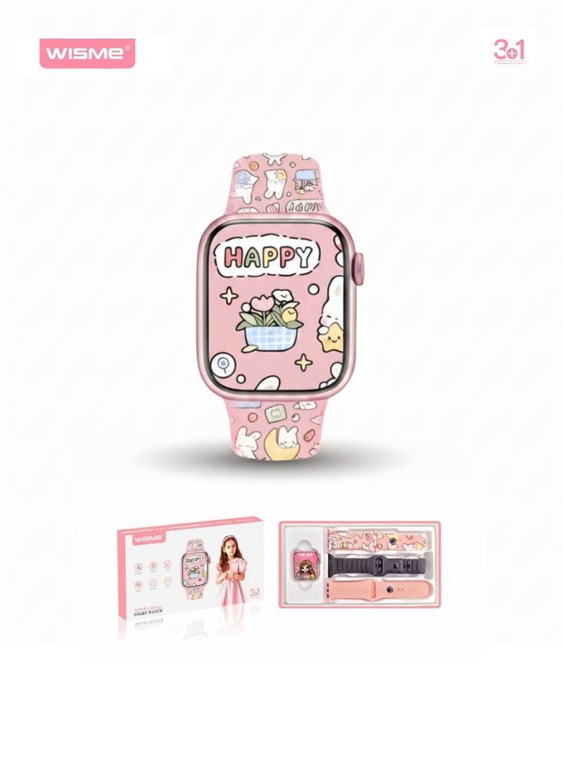 WISME X66 Mini Smart Watch for Ladies, Girls & Kids Pink AMOLED HD Touch Smartwatch 3 Straps Bluetooth Watch - Image 1