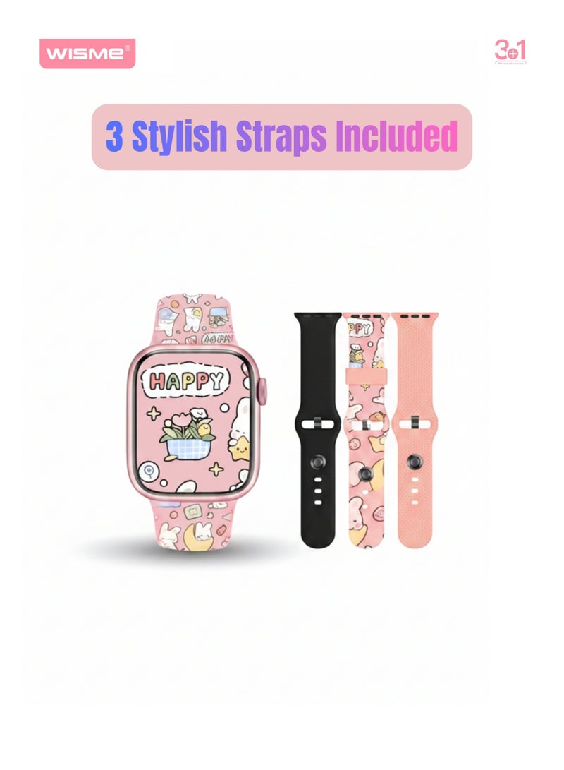 WISME X66 Mini Smart Watch for Ladies, Girls & Kids Pink AMOLED HD Touch Smartwatch 3 Straps Bluetooth Watch - Image 3
