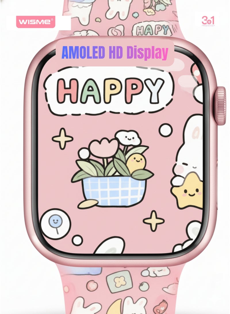 WISME X66 Mini Smart Watch for Ladies, Girls & Kids Pink AMOLED HD Touch Smartwatch 3 Straps Bluetooth Watch - Image 4