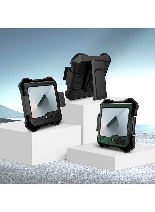 اس-توب جراب لهاتف Samsung Galaxy Z Flip5 مصنوع من جلد البولي يوريثان الهجين مع حامل مشبك خلفي - Image 2